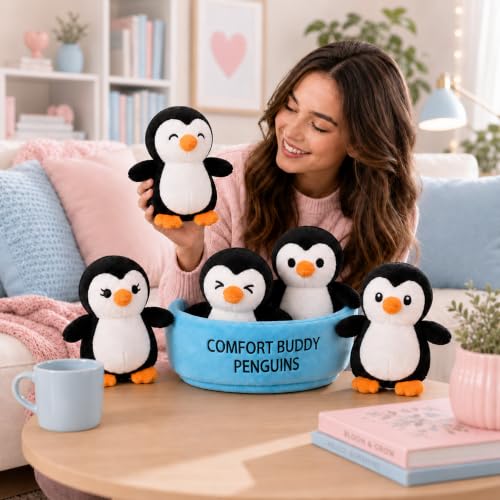 Image of Emotional Support Penguins Set of 5, Cute Stuffed Animals with Unique Personalities, Squishy Comfort Companions, Funny Gifts, Collectible Cute Stuff, Desk Buddies for Friends Penguin Lover (Penguin)