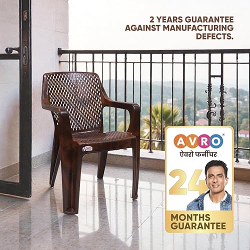 Image of AVRO Furniture Signature Heavy Duty Plastic Chair for Home, Office & Outdoor, Solid Back Support, Comfortable Seating with Arm, Ergonomic and Stackable, Pre-Assembled, 150 Kg Capacity, Set of 2, Brown