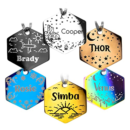 Personalized Dog Tag with 5 Lines of Custom Deep Engraved Durable Stainless Steel Pet ID Name Tag Designer Regular Size Hexagon