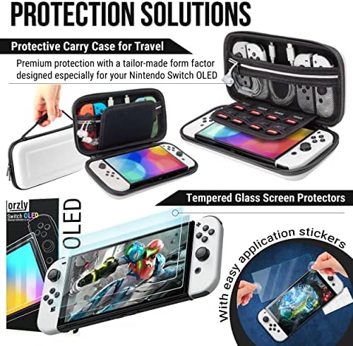 Orzly Accessories Kit bundle Compatible with Nintendo Switch OLED Console (NOT 2017 Edition compatible) Ultimate Geek Pack with Case and screen protector and much more - Ice White Gift boxed