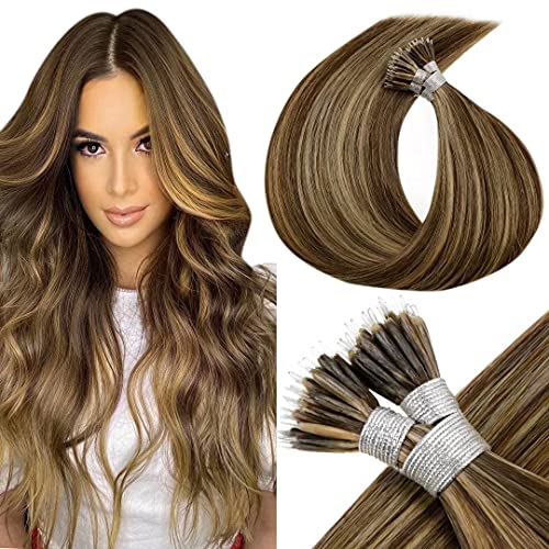 LaaVoo Hair Extensions Nano Ring Human Hair Silky Straigh Nano Hair Extensions Dark Brown with Caramel Blonde Remy Nano Micro Hair Extensions for Women 20 Inch 50g/50strands