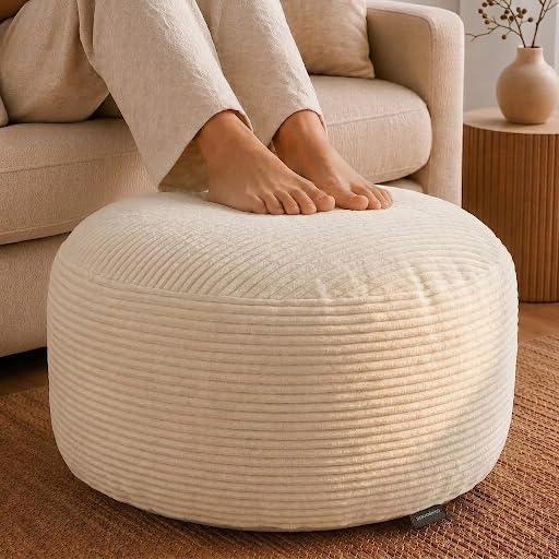 Stuffed Pouf Ottoman,Corduroy Foot Rest,Cream White,28 Inch