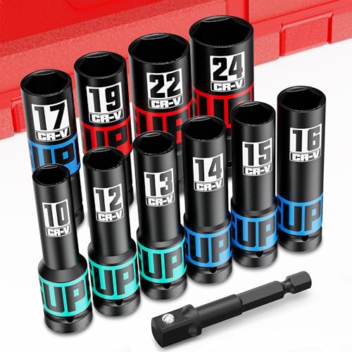 Aurlloct Lot De 11 Douilles à Choc Profondes 1/2', 10-24mm Métrique Clé Jeu de Douille à Impact, Avec Adaptateur de Douille 1/4' à 1/2', Automobile et Le Remplacement des Pneus