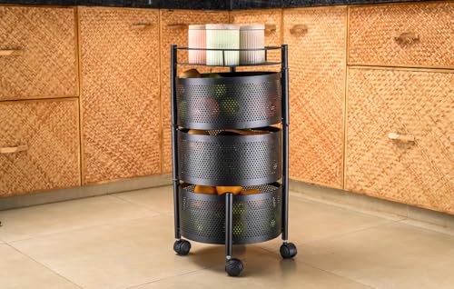 Image of KITCHIVO Kitchen Storage Rack | Revolving Vegetable Rack | Square Multipurpose Storage Trolley with Wheels | Metal Fruit Rack (Black Round, 3 Layer)