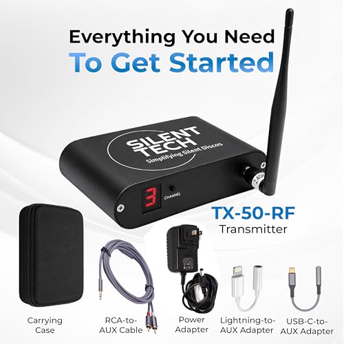 Transmisor RF Silencioso TX50RF de Silent Tech – Transmisor de Audio Inalámbrico de 3 Canales Compatible con Auriculares RF309 – Incluye Cables y Adaptadores Necesarios miniatura 2
