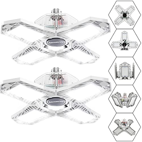 2 Pack LED Garage Light 150W,4 Panels 15000lm Deformable Garage Ceiling Shop Light Fixture Quadruple Glow Adjustable Garage Lighting Bulb E26/E27,Led Light for Garage,Warehouse,Workshop,Barn