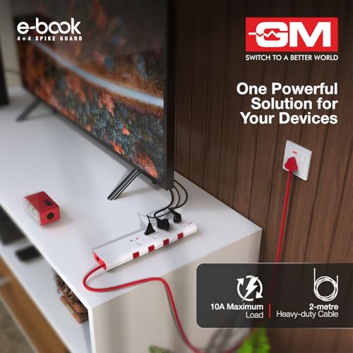 Image of GM 3061 E-Book Power Strip | 4 Universal Sockets + Individual Switches | 2m Heavy-Duty Cord | Thermal Trip Overload Protection | LED Indicator | Child Safety Shutters