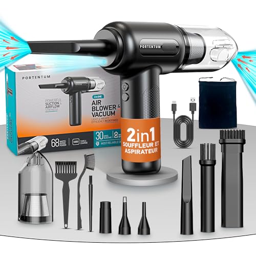 PORTENTUM 2 en 1 Aspirateur sans Fil et Souffleur Air Comprimé – Batterie, 3 Vitesses et Lumière LED – Aspirateur pour Voiture, Clavier, PC, Maison
