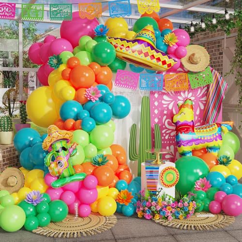 Tesochye Mexican Fiesta Balloon Arch Kit Cinco De Mayo Fiesta Party Decorations Giant Llama Cactus Foil Balloons Rainbow Balloon Arch Kit for Mexican Carnival Birthday Party Decoration Tropical Decor