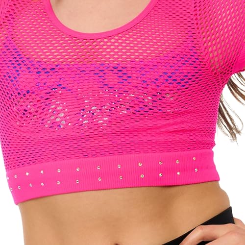 Girls Back to School Mesh Crop Top with Sparkling Rhinestones Short Sleeve Breathable Dance Shirt Age 7 to 142