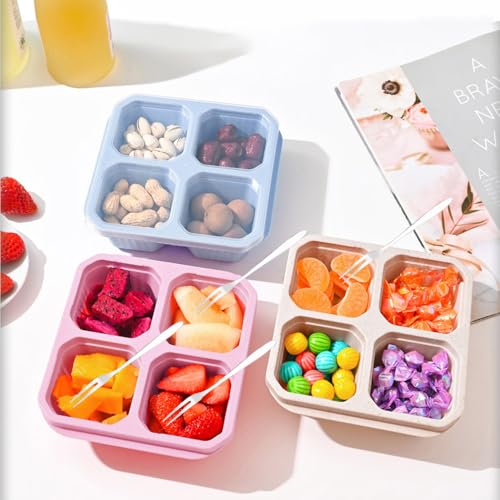 Snackbox mit Fächern, 4 Stück Snackboxen mit 4 Fächer, Snack-Behälter mit transparentem Deckel und Fruchtgabel Aus Edelstahl Wiederverwendbare Snack-Behälter für Schule Arbeit und Reisen 4 Farben