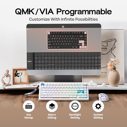 Image of MechLands CIDOO QK75 VIA Programmable 75% Compact Keyboard, USB-C /BT5.0 /2.4Ghz Wireless, Hot Swappable Custom Mechanical Keyboard with Gasket Mounted, PC Plate, 4000mAh Battery for Win /Mac (White)