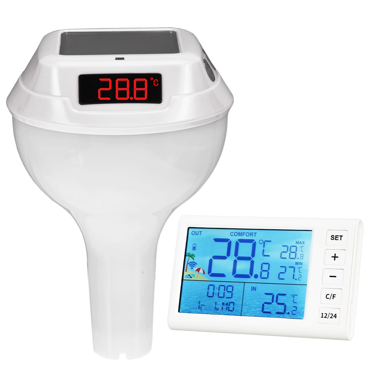 Termómetro flotante inalámbrico para piscina con indicador digital LED de temperatura del agua y clasificación de impermeabilidad IP68, ABS, color blanco
