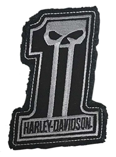 Harley-Davidson Dark Custom #1 Skull Frayed Emblem Patch, 4 x 3 inches - Gray