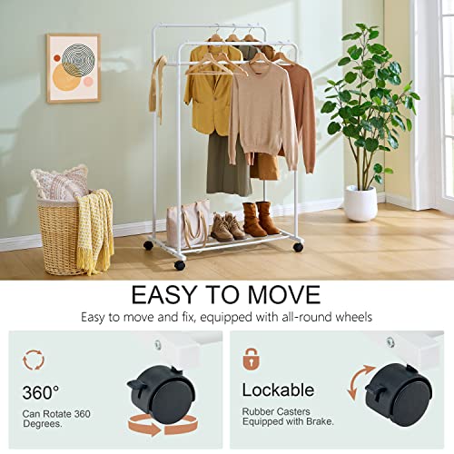 Hoctieon Double Rod Garment Rack,White Clothes Rack On Wheels,Portable Clothing Racks For Hanging Clothes,Rolling Wardrobe Rack With Shelves #TOP6