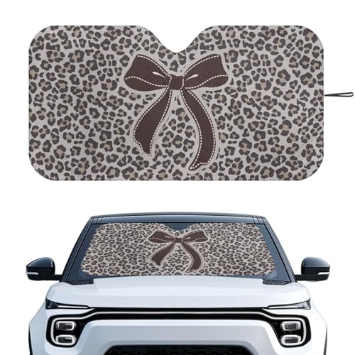 Image of Bow Leopard Print Car Front Windshield Sun Shade, Windshield Sunshade Front Window Cover Blocks UV Rays Sun Visor Fit Most Car, Truck, SUV, or Van 66.53 L x 34.44 inch W