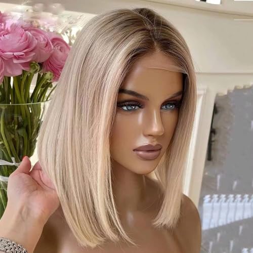 Blonde Ombre Human Hair Wigs For Women #4/613 Short Straight Bob Lace Frontal Wig With Brown Roots 13x6 HD Transparent Lace Wig 150% Density 10Inch
