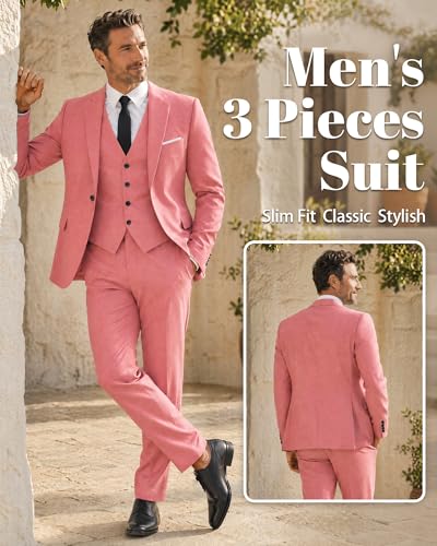 Image of MY'S Men's 3 Piece Suit Set with Tie, One Button Slim Fit Solid Jacket Vest Pants, Prom Party Wedding Business Suits for Men