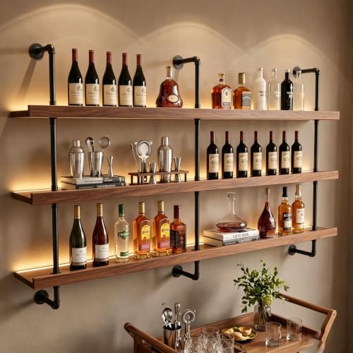 Image of HOUSESET 36 /48 /60 /72 /84in Wine Wall Rack with Led Lights, 3-Tiers Modern Pipe Liquor Bottle Display Shelf, Bar Shelves Wall Mounted for Commercial Bar, Restaurant, Home