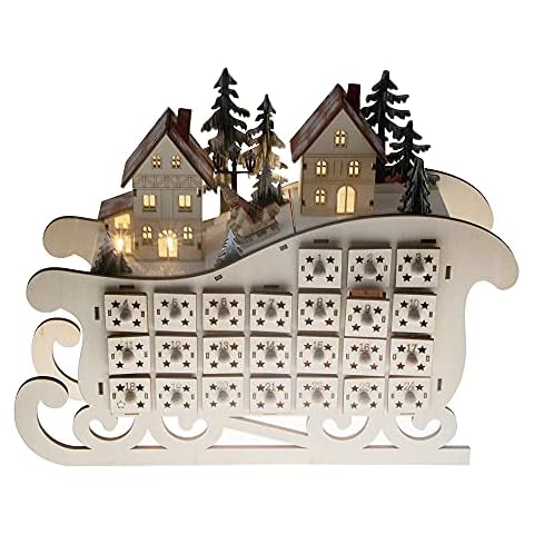 Merry Christmas Co. Wooden Advent Calendar LED Decoration, Countdown The Days 'til Christmas, Battery Operated, Santa Sleigh Cover