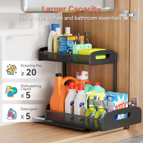 YASONIC 2 Pack Under Sink Organizer, 2 Tier Height Adjustable Kitchen Cabinet Organizer, Pull Out Metal Cabinet Shelf Organizer, Under the Sink Organizers and Storage for Kitchen & Bathroom, Black - image 4