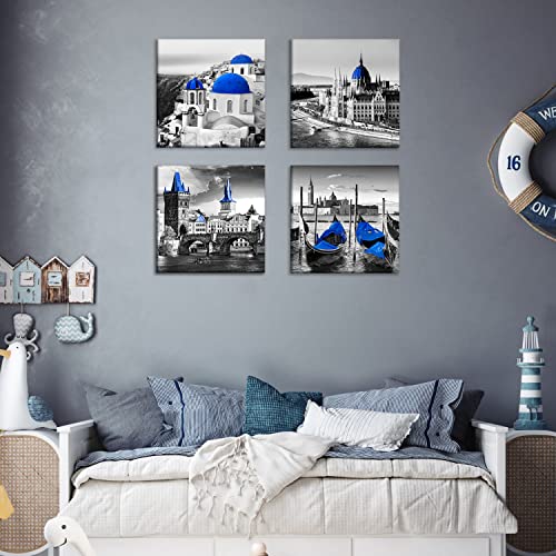 Navy Blue Wall Art Bedroom Decor Greece Santorini Island Canvas Bathroom Pictures Black And White Mediterranean Decor Greek Aegean Beach Landscape Painting For Living Room Home Decoration 12X12" 4 Pcs #TOP1