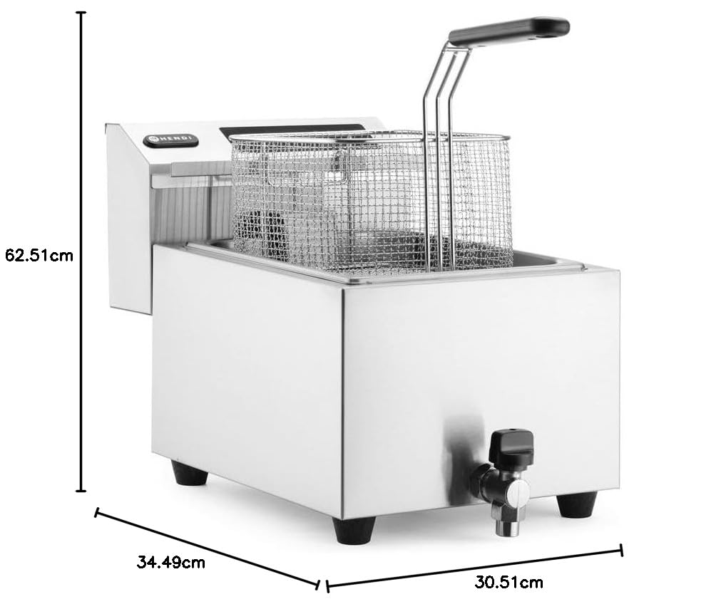 HENDI Freidora eléctrica digital, T ajustable de 25°C a 195°C, termostato de seguridad, zona fría, con tapa y cesta de freír, grifo de drenaje, 8L, 230V, 3500W, 300x515x(H)345mm, acero inoxidable 18/0