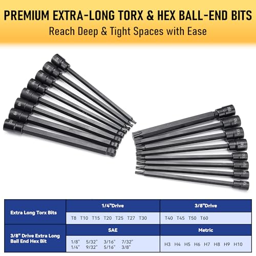 Image of 112PC Master Torx & Hex Bit Socket Set,1 /4 inch 3 /8 inch 1 /2 inch Drive, S2 Steel, Impact AD Adapters, U-Joints, Extension Bars, Long Torx & Ball End Hex, SAE & Metric, Black Phosphate