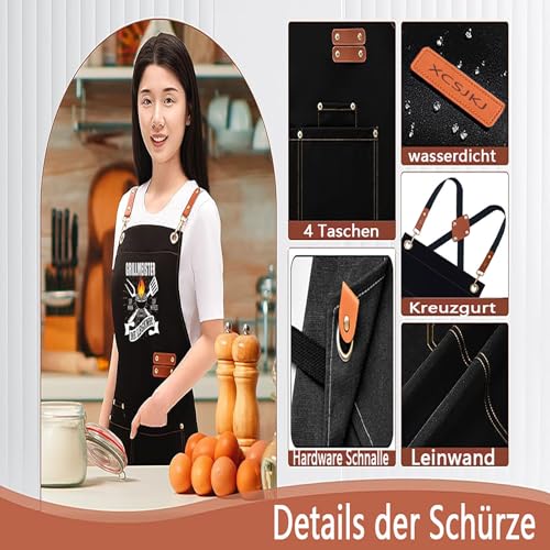 XCSJKJ Grillschürze für Männer Kochschürze Herren Lustig, mit 4 Taschen Grillen Geschenk BBQ Schürze Küchenschürze, der Mann der Mythos die Legende Schwarz Schürzen GRILLMEISTER (Kreuzgurt-Stil)