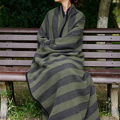 Putian Merino Wool Blanket - 63" X 51" Thick Warm Soft Twin Bed Throw - Great For Camping, Outdoors, Travel, Car, Couch, All Seasons Green Stripe #TOP3