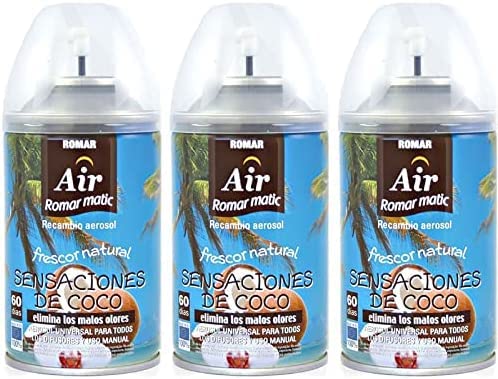 Pack 3 Recambios Aerosol Ambientador Spray Frescor Natural para Difusores y Manual, Esencia para hogar con Aroma Sensaciones de Coco 250 ml
