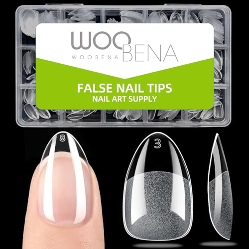 Woobena Short Almond Nail Tips, Short Gel Nail Tips 300Pcs 15Size Pre Etched Press On Nails Clear Acrylic Fake Nails Almond Shaped Full Cover Nails Extension Home Art DIY Salon