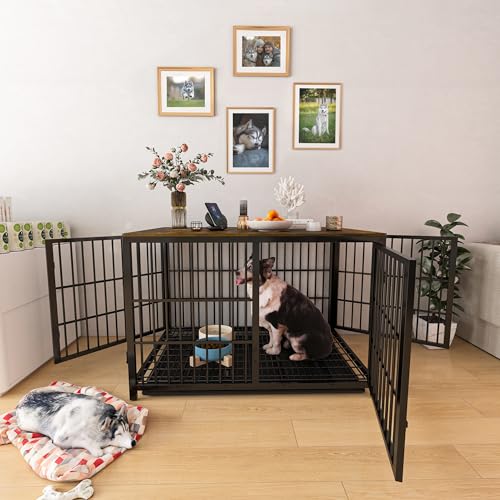 BingoPaw Hundekäfig Möbel XXL Hundeschrank: Hundebox XXL für Große Hunde 120cm, Modern Hundehaus TV Schrank Hundekiste mit Holz Beistelltisch und herausnehmbar Tablett, 120×77×81.5cm Schwarz