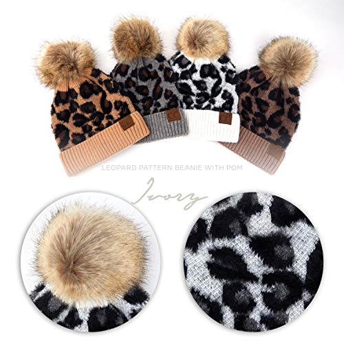Image of C.C Exclusives Soft Beanie hat with Leopard Pattern and Fur Pom(HAT-7001)(SF-7001)