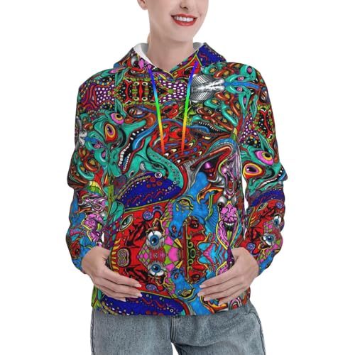 Sweat à capuche doux imprimé monstre abstrait pour femme avec poche tendance