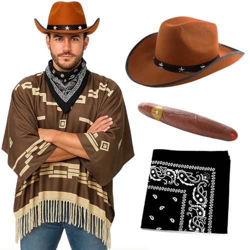 Costume de cowboy pour adulte – Poncho marron foncé avec franges à pompons, chapeau de cowboy marron étoilé, bandana cachemire noir, faux cigare – Déguisement western pour homme