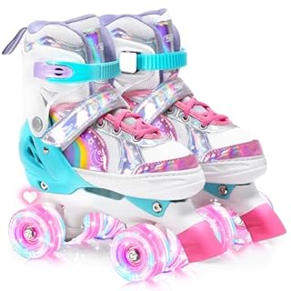 OLYSPM Kids Roller Skates for Girls Boys Pro 4-Size Adjustable, Roller boots With 8 Light Up Wheels, Beginner safe Children's Quad Skates - Ideal Christmas Birthday Gift(Pink,S)