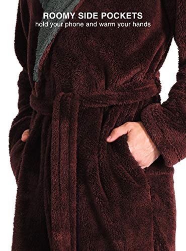 David Archy Men's Hooded Fleece Plush Soft Shu Velveteen Robe Full Length Long Bathrobe (M, Maroon) #TOP2