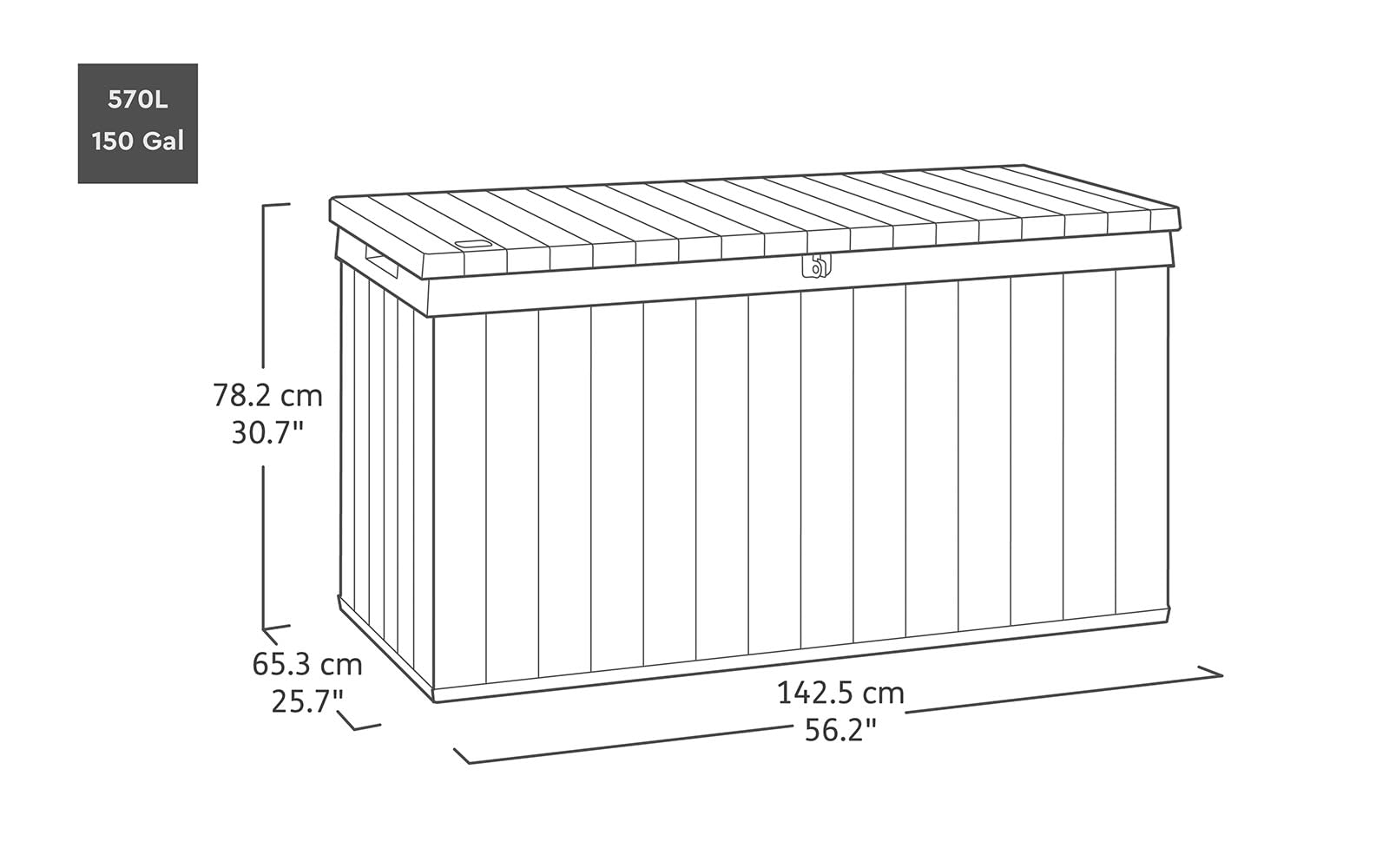 Keter Darwin - Arcón Exterior, Baúl almacenaje, Capacidad 570L, Resina, Color marrón, Ordenación jardín y terraza, 65.3 x 142.5 x 78.2 cm