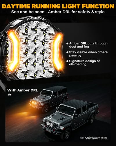 Image of Auxbeam V-Ultra Series 9 inch Round LED Auxiliary Lights Offroad Lights 2-Pack | 270 Lighting Angle, Side Shooter Optics, Amber DRL, Hyper Spotlight, 300W 35600LM, for Jeep Ford Truck SUV ATV RZR 4x4