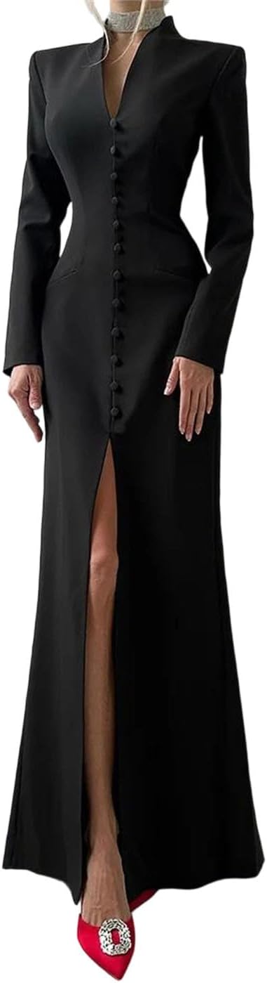 Women's Single-Button Maxi Dress Split Sleeve V-Neck