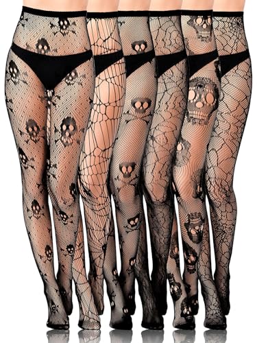 6 Pairs Women Fishnet Stocking, Black Tight Skull Spider Web Legging Tight Goth Fishnets Patterned Fishnet Tights High Waist Lace Pantyhose for Women Halloween