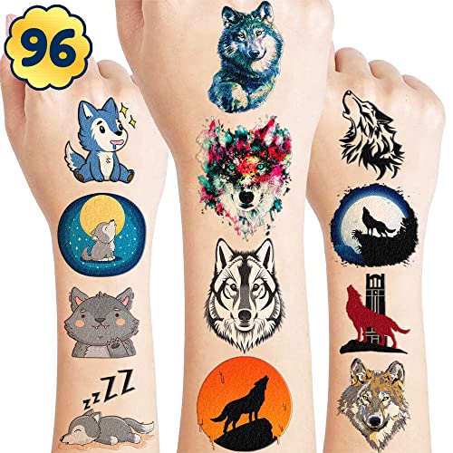Wolf Temporary Tattoos Themed Birthday Party Supplies Decorations Favors Games Cute Tattoo Sticker 8 Sheets 96 Pcs Gifts For Kids Girl Boy Class School Prizes Rewards Carnival Christmas #TOP24