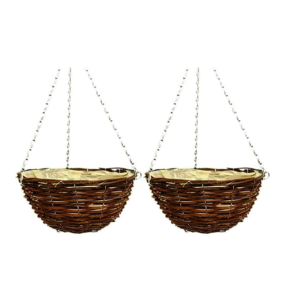 Shopior Pack 2 Wicker Hanging Basket – Natural Rattan Willow Hanging Flower Pots With Polythene Liner & Sturdy Metal Chain – Large Decorative Planters For Indoor & Outdoor (Hanging Basket 36Cm, 14Inch X 2Pack)