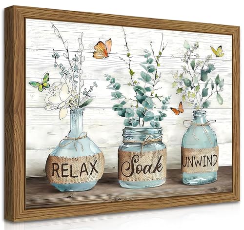 Farmhouse Bathroom Decor Wall Art, Framed Green Botanical Rustic Cotton