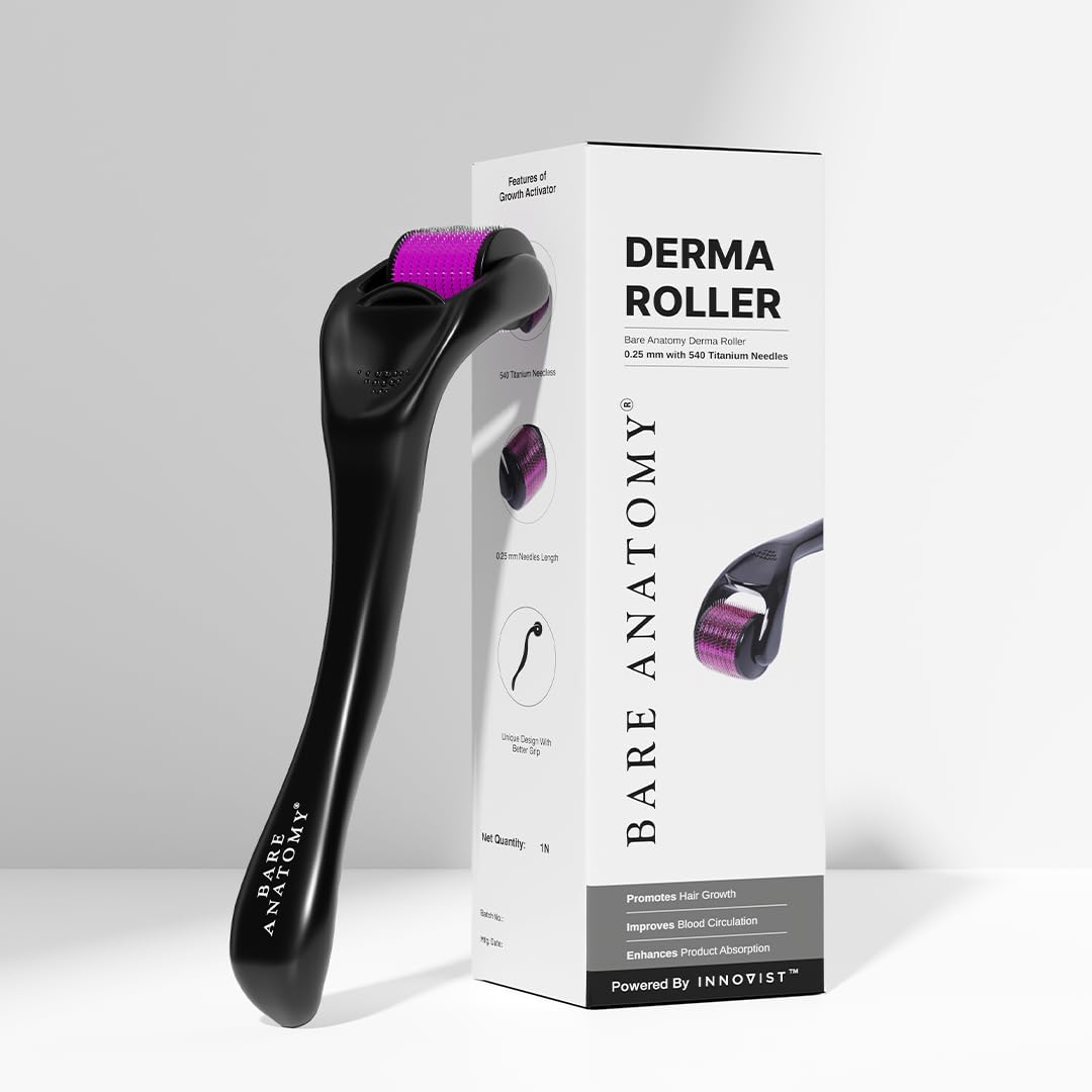 Bare Anatomy Derma Roller pour la pousse des cheveux | 0,25 mm avec 540 micro-aiguilles en titane | Stimule les follicules pileux et améliore la circulation du cuir chevelu