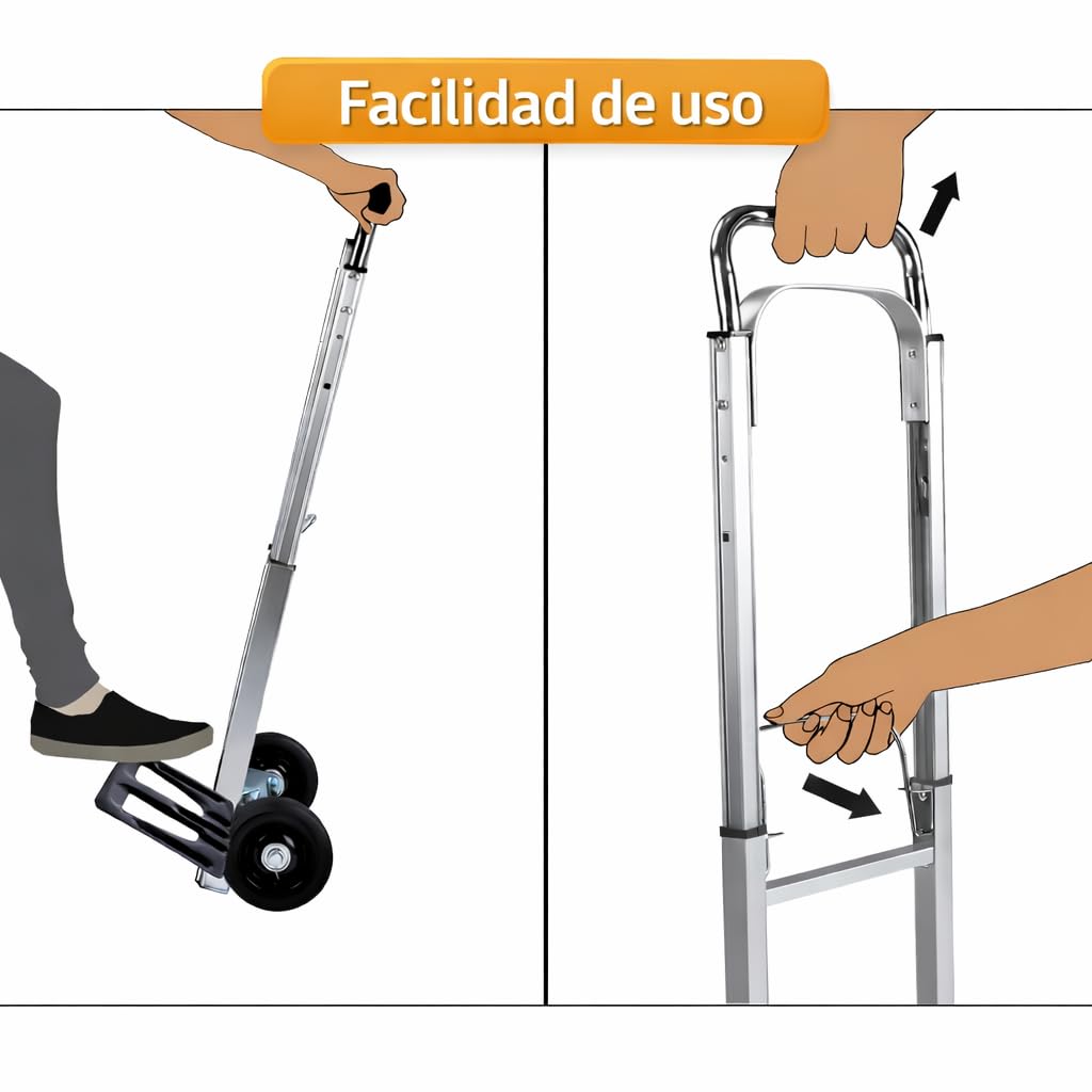 Carretilla de Mano Plegable con Ruedas, Carro de Carga Portátil, Hasta 100kg