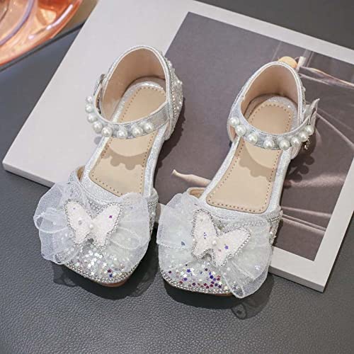 Girls Dress Shoes Cute Bow Mary Jane Shoes Ballerina with Satin Ankle Tie for Wedding Birthday Infant Sandals Girls (Silver, 10.5 Little Child)2
