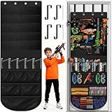 Advanced Over Door Toy Gun Organizer with Wide Hook and LoopStraps, Superior Hold for Blasters, Water Guns,Accessories,Customizable Storage with 11 Pockets & 25 Straps forKids Room (Black)