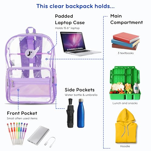 Image of J World Heavy-Duty Clear Backpack for Girls Women Kids. Large Transparent See Through TPU Laptop Bookbag for School, Digital Lavender